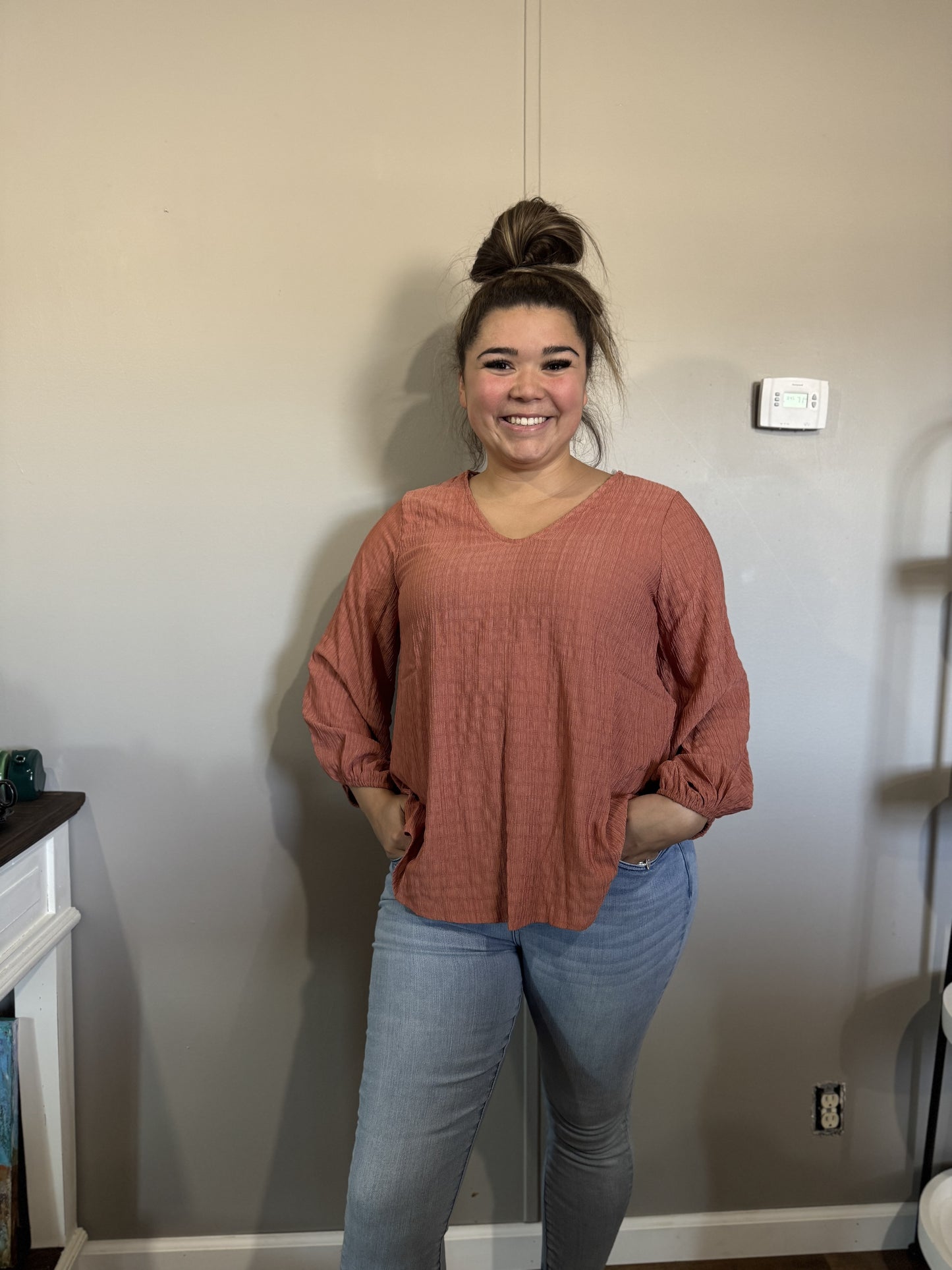 Dressy Rust Linen V-Neck Top