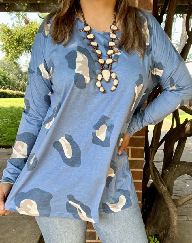 Blue Leopard Long Sleeve Top